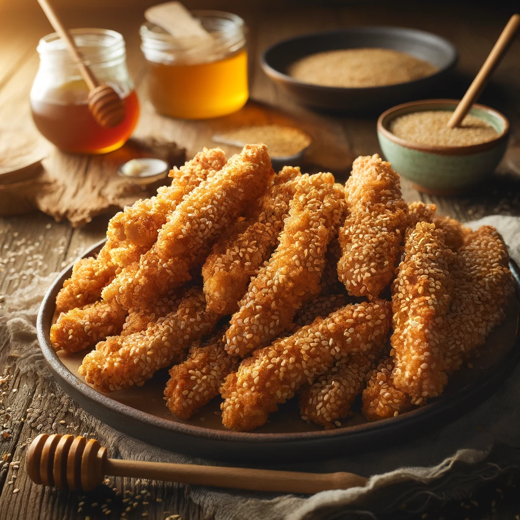 Crispy, golden-brown chicken fingers coated in a crunchy sesame seed crust, served with a sweet honey dip on a rustic wooden table.