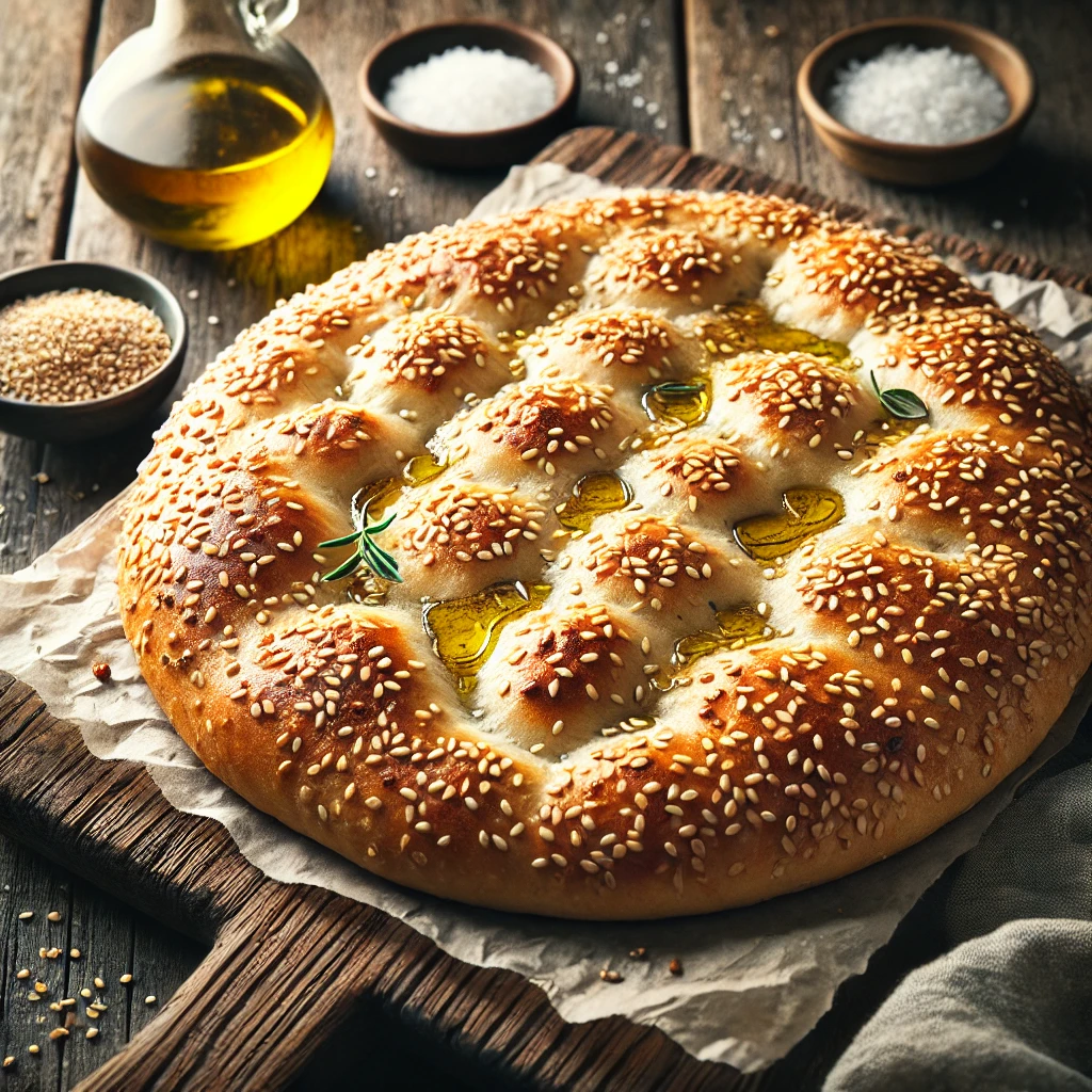 A freshly baked Sesame Faux Caccia, a rustic flatbread with a golden, crispy crust generously sprinkled with toasted sesame seeds. The dimpled surface is drizzled with olive oil for a glossy finish. The bread rests on a wooden cutting board atop a rustic wooden table, accompanied by a small dish of olive oil, a sprinkle of sea salt, and fresh herbs. Warm, natural lighting enhances the crispy texture and inviting aroma.