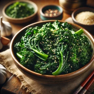 A flavorful dish of Sesame Garlic Wilted Kale served in a rustic ceramic bowl. The kale is lightly sautéed to a vibrant deep green color, glistening with sesame oil and infused with garlic. Garnished with toasted sesame seeds and a sprinkle of red pepper flakes, the bowl sits on a rustic wooden table, accompanied by fresh garlic cloves, a small dish of sesame seeds, and chopsticks. Warm, natural lighting enhances the inviting, homemade feel.