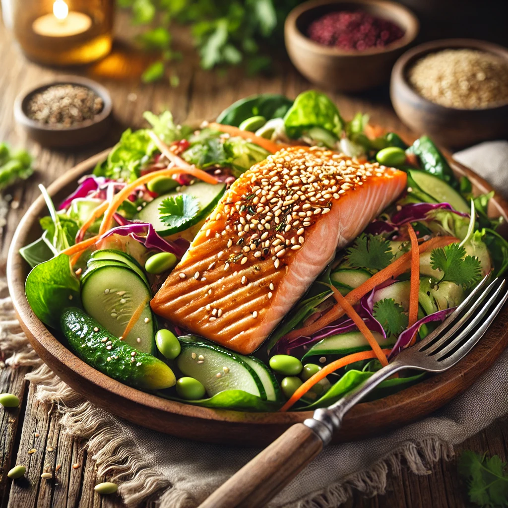 A plate of sesame ginger salmon salad with a seared salmon fillet glazed in sesame ginger dressing over mixed greens on a rustic wooden table. Sliced cucumbers, shredded carrots, red cabbage, and edamame add color and texture, garnished with toasted sesame seeds and fresh cilantro. A serving fork lifts a piece of salmon, enhancing the inviting presentation.