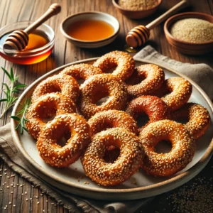 A beautifully plated batch of Sesame Rings served on a rustic wooden table. The rings are golden-brown, crispy on the outside, and coated with toasted sesame seeds. Arranged on a white ceramic plate and garnished with extra sesame seeds. Served with a side of honey or a light dipping sauce. The warm wooden table is more visible, providing a cozy and inviting setting.