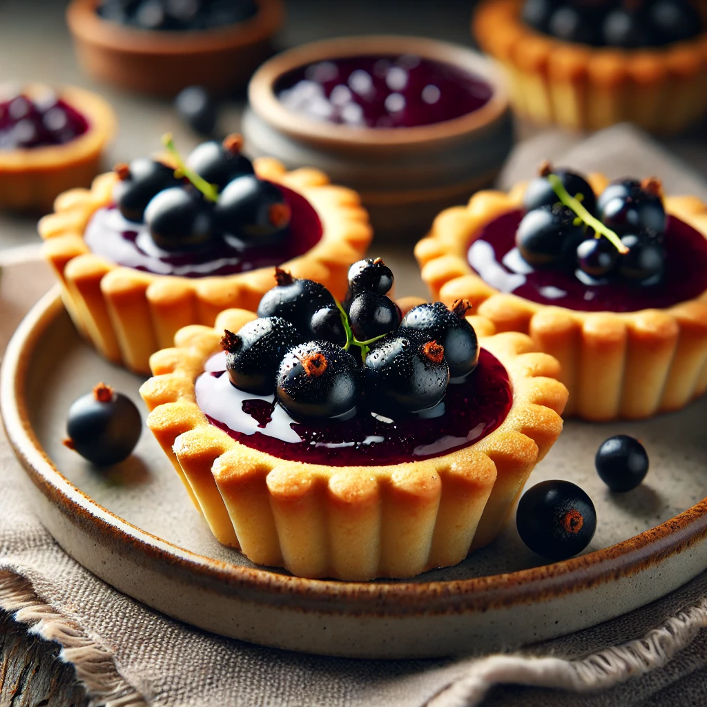 A set of beautifully crafted Shortbread Blackcurrant Tartlets with golden, buttery shortbread crusts filled with glossy, deep purple blackcurrant jam. Each tartlet is topped with fresh blackcurrants and lightly glazed for a delicate shine. The tartlets are arranged on a rustic wooden table, served on a ceramic plate with a linen napkin and a small dish of extra jam nearby. Warm, natural lighting highlights the inviting textures and rich colors.