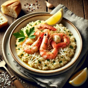 A beautifully plated dish of Shrimp Risotto served on a rustic wooden table. The dish features creamy, perfectly cooked risotto infused with garlic, butter, and Parmesan cheese, topped with succulent, pink shrimp. Garnished with freshly chopped parsley and a wedge of lemon. Served in a white ceramic bowl with a side of crusty bread. The warm wooden table is more visible, providing a cozy and inviting setting.