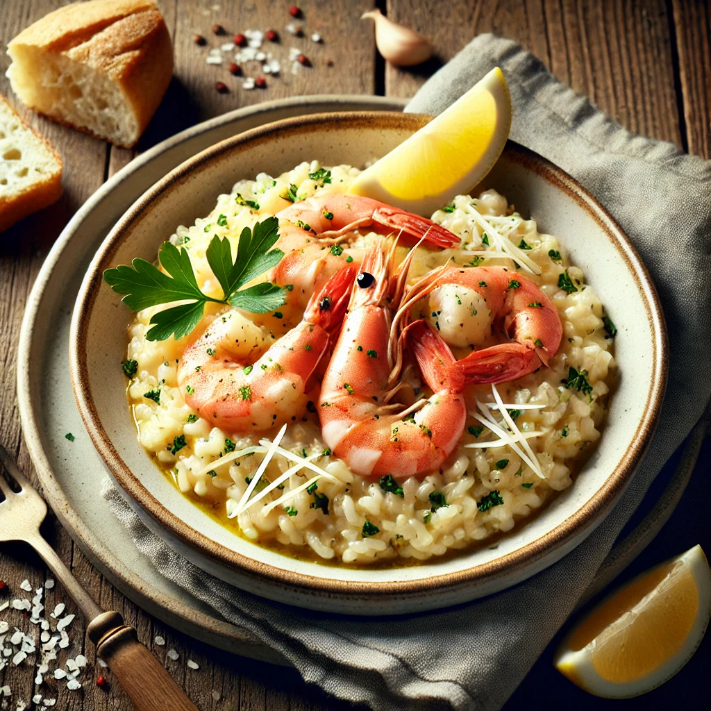 A beautifully plated dish of Shrimp Risotto served on a rustic wooden table. The dish features creamy, perfectly cooked risotto infused with garlic, butter, and Parmesan cheese, topped with succulent, pink shrimp. Garnished with freshly chopped parsley and a wedge of lemon. Served in a white ceramic bowl with a side of crusty bread. The warm wooden table is more visible, providing a cozy and inviting setting.