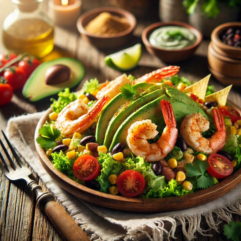 A plate of shrimp taco salad with seasoned grilled shrimp over crisp romaine lettuce, cherry tomatoes, black beans, corn, and avocado slices on a rustic wooden table. Crunchy tortilla strips add texture, with a drizzle of creamy cilantro-lime dressing and garnished with fresh cilantro and lime wedges. A serving fork lifts a shrimp to showcase the fresh ingredients. A cozy napkin and wooden plate enhance the warm, inviting atmosphere.