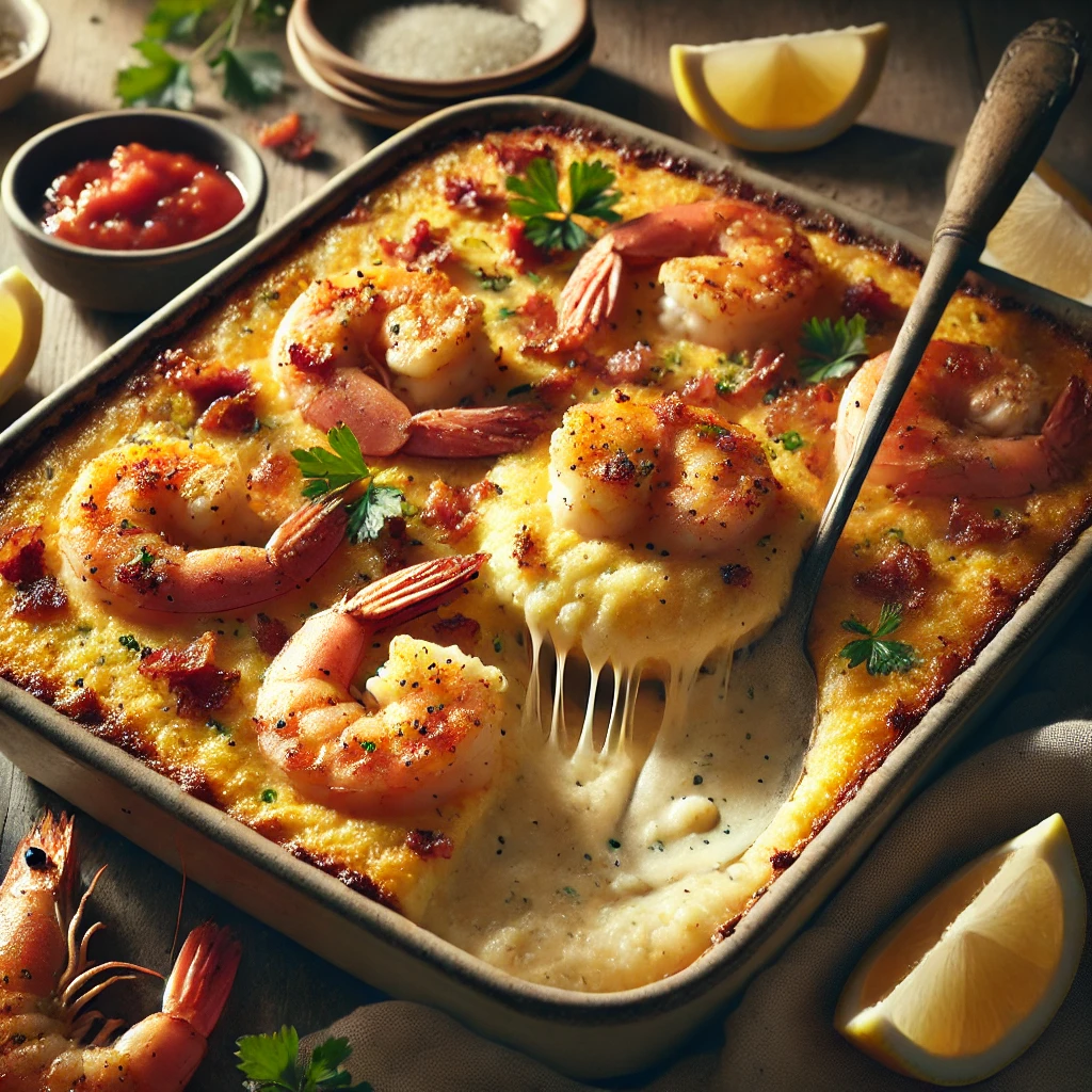 A rustic presentation of shrimp and grits bake, elegantly arranged on a wooden table. The dish features creamy, cheesy grits baked to golden perfection, topped with plump, seasoned shrimp, crispy bacon, and fresh herbs. A serving spoon rests inside, revealing the rich, comforting layers. Scattered around are lemon wedges, chopped parsley, and a small dish of hot sauce. Soft natural lighting enhances the warm and inviting feel, with gentle shadows and a hint of rustic kitchen charm in the background.