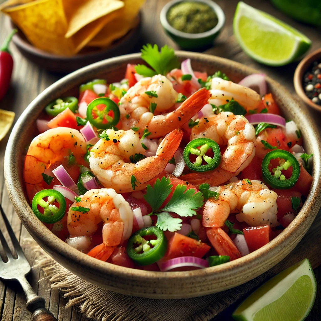 A bowl of Shrimp de Gallo on a rustic wooden table, featuring juicy shrimp tossed with diced tomatoes, red onion, fresh cilantro, jalapeños, and lime juice. The dish is served in a ceramic bowl with tortilla chips, lime wedges, and a small dish of avocado slices. Soft natural lighting enhances the bright, fresh tones.
