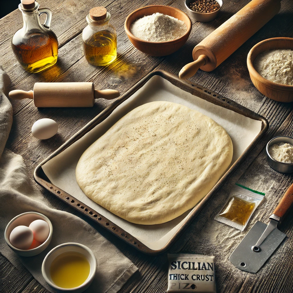 wooden table. The dough is evenly stretched to the edges with a slightly raised lip along the sides, ready for toppings. Surrounding the setup are a small bowl of flour, a packet of dry yeast, a bottle of olive oil, and a rolling pin. A folded linen napkin adds a cozy touch, with soft natural light highlighting the smooth texture of the dough.