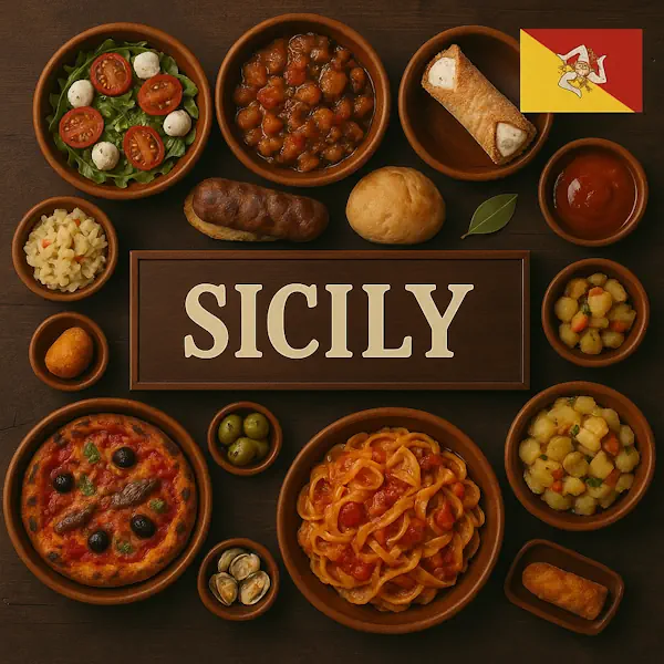 Authentic Sicilian cuisine flat lay with arancini, pasta alla norma, caponata, pizza, cannoli, olives, and fresh salads in rustic wooden bowls, centered around SICILY sign with the regional flag.