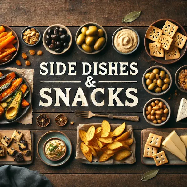 A rustic flat lay of side dishes and snacks on a dark wooden table, including roasted vegetables, potato wedges, dips, olives, cheese cubes, crackers, and nuts. The layout is minimal and warmly lit. At the top, the words 'SIDE DISHES & SNACKS' appear in large cream-colored serif letters, centered and clearly visible above the food.