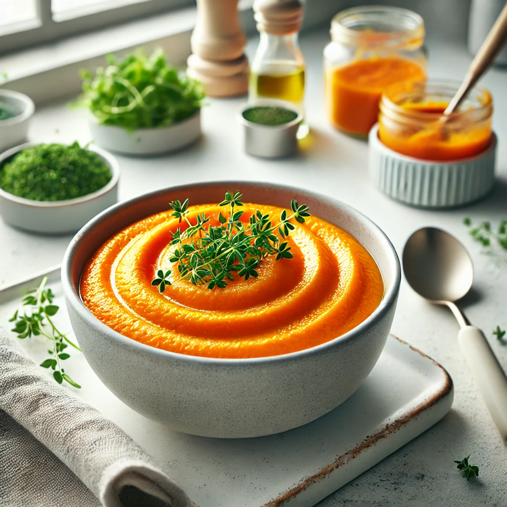 bowl of smooth, vibrant carrot and tarragon purée with a bright orange color, garnished with chopped tarragon leaves. The bowl is placed in a light, airy kitchen with modern decor and colorful accents. Natural lighting highlights the purée’s rich texture and color, creating a fresh and inviting presentation.
