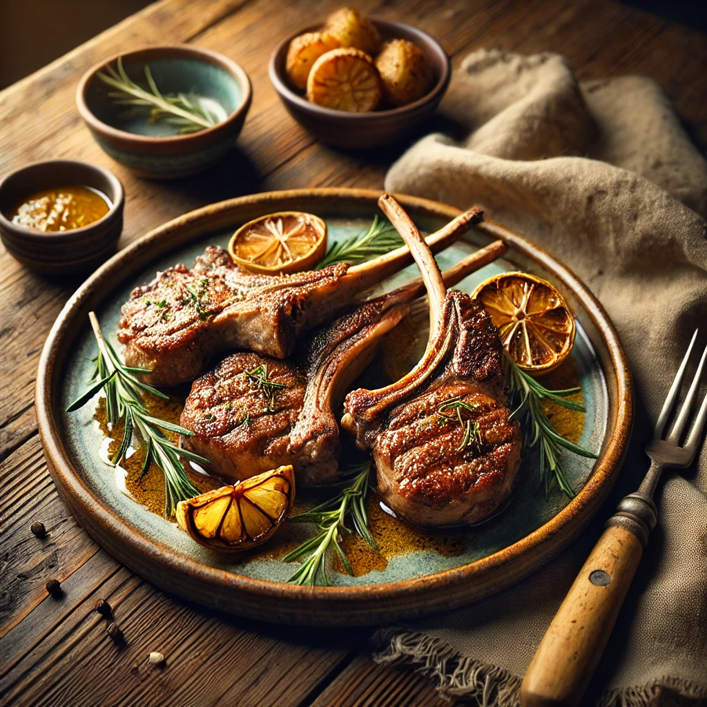 Freshly made Lamb Chops served on an artisan ceramic plate, cooked to golden-brown perfection with a slightly crispy exterior. The dish is garnished with fresh rosemary sprigs and a drizzle of lemon juice, styled on a rustic wooden table with a small bowl of extra lemon juice, a wooden serving fork, and a side of roasted potatoes.