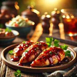 Simple Barbecue Chicken on a rustic ceramic plate, featuring juicy grilled chicken breasts coated in a smoky barbecue sauce with a caramelized glaze. Garnished with parsley, set on a wooden table with coleslaw and a glass of iced tea in the softly blurred background.