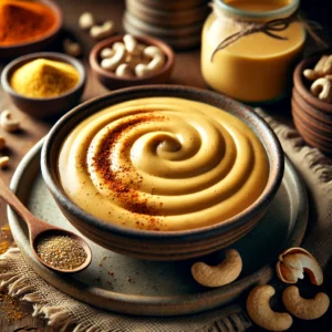 A rich and creamy Simple Cheezy Sauce with a smooth, velvety texture and a warm golden-yellow hue, served in a rustic ceramic bowl. The sauce is elegantly swirled and garnished with a sprinkle of paprika and freshly cracked black pepper. A wooden spoon rests beside the bowl with a drizzle of the sauce. The bowl sits on a rustic wooden table, accompanied by nutritional yeast, cashews, and a small jug of plant-based milk, representing the classic dairy-free ingredients. Warm, natural lighting enhances the inviting, homemade feel.