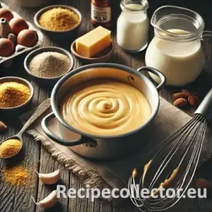 Golden vegan cheezy sauce in a small saucepan on a rustic wooden table, surrounded by ingredients like nutritional yeast and almond milk, with soft natural lighting.