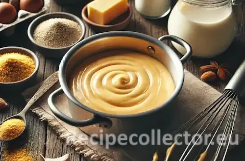 Golden vegan cheezy sauce in a small saucepan on a rustic wooden table, surrounded by ingredients like nutritional yeast and almond milk, with soft natural lighting.