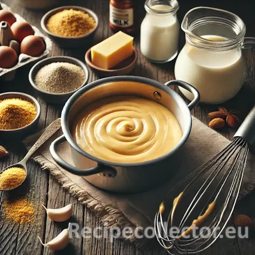 Golden vegan cheezy sauce in a small saucepan on a rustic wooden table, surrounded by ingredients like nutritional yeast and almond milk, with soft natural lighting.