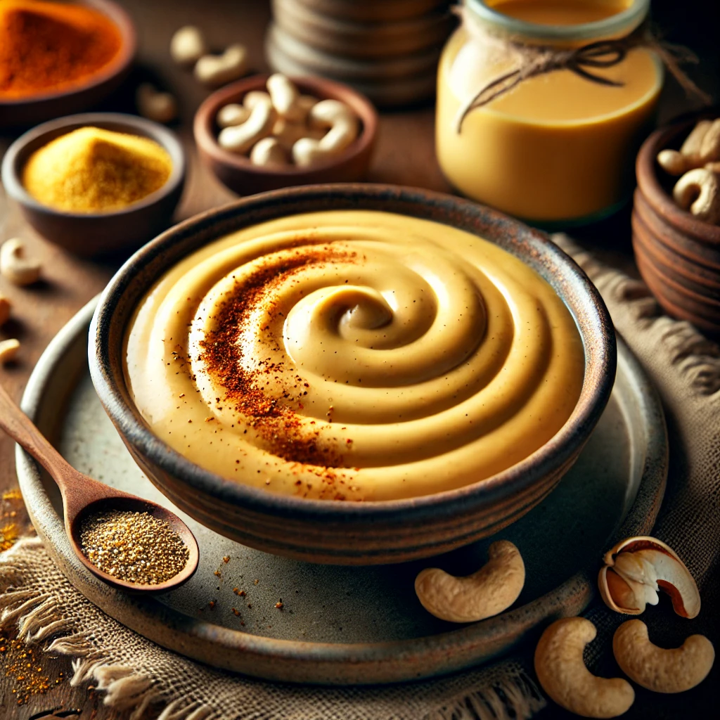 A rich and creamy Simple Cheezy Sauce with a smooth, velvety texture and a warm golden-yellow hue, served in a rustic ceramic bowl. The sauce is elegantly swirled and garnished with a sprinkle of paprika and freshly cracked black pepper. A wooden spoon rests beside the bowl with a drizzle of the sauce. The bowl sits on a rustic wooden table, accompanied by nutritional yeast, cashews, and a small jug of plant-based milk, representing the classic dairy-free ingredients. Warm, natural lighting enhances the inviting, homemade feel.
