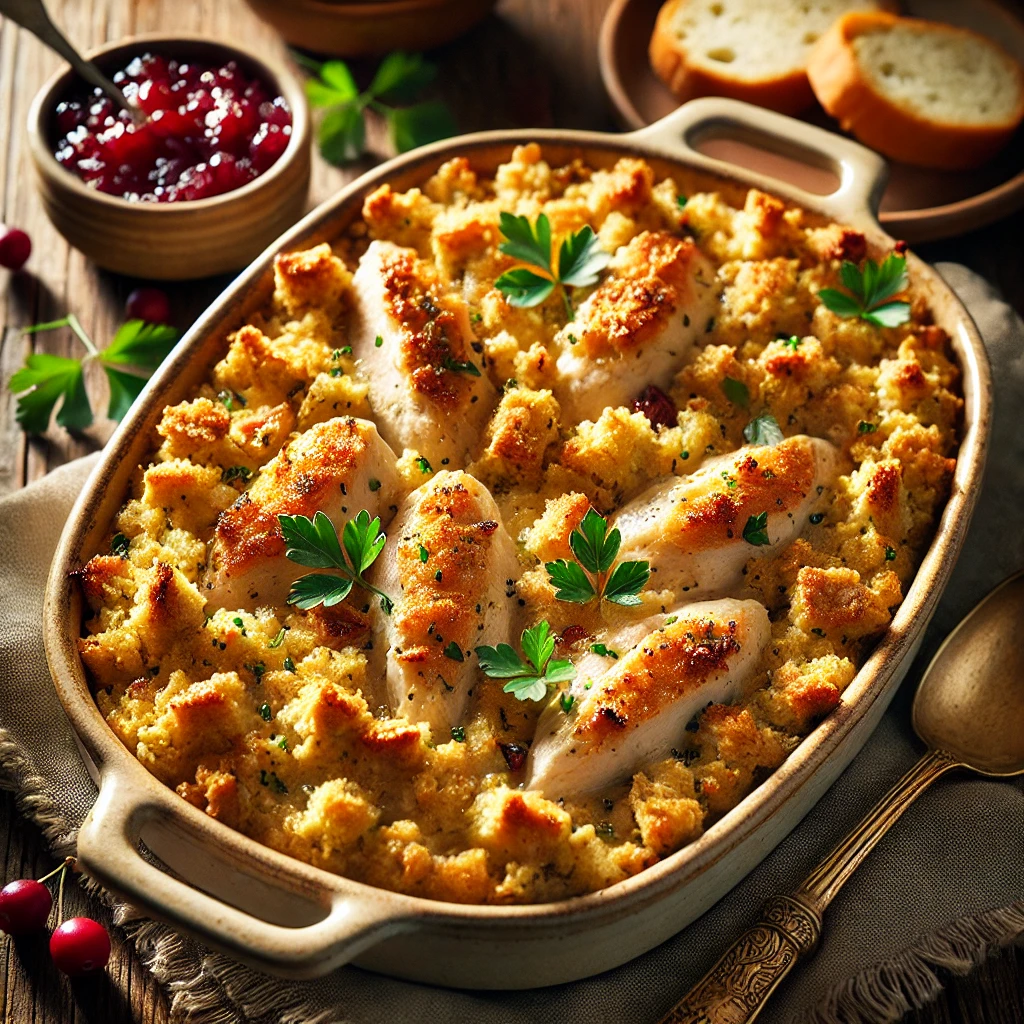 A simple chicken and stuffing casserole in a rustic ceramic baking dish, featuring tender chicken topped with a golden, buttery stuffing layer, baked to crisp perfection. Garnished with fresh parsley, the dish is set on a rustic wooden table with a serving spoon, a small bowl of cranberry sauce, and slices of crusty bread. Warm natural