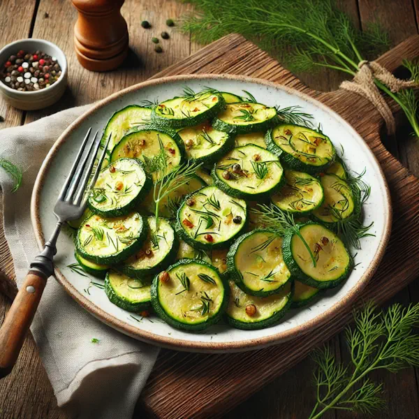 Ultra-sharp image of sautéed zucchini slices with green onions and garlic, seasoned with salt, pepper, and dill. Served on a white ceramic plate, garnished with dill, placed on a rustic wooden dining table with fork and linen napkin, captured in bright natural light.