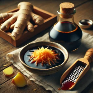A small rustic ceramic bowl of ginger soy sauce sits on a wooden table. The dark and glossy sauce is garnished with a sprinkle of freshly grated ginger root. Beside the bowl are a whole ginger root, a small wooden grater, and a soy sauce bottle. A folded linen napkin adds to the elegant presentation. Soft natural light highlights the glossy texture of the sauce and the freshness of the ginger.
