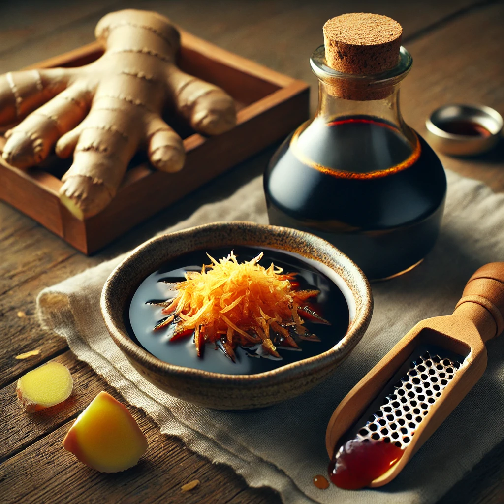 A small rustic ceramic bowl of ginger soy sauce sits on a wooden table. The dark and glossy sauce is garnished with a sprinkle of freshly grated ginger root. Beside the bowl are a whole ginger root, a small wooden grater, and a soy sauce bottle. A folded linen napkin adds to the elegant presentation. Soft natural light highlights the glossy texture of the sauce and the freshness of the ginger.
