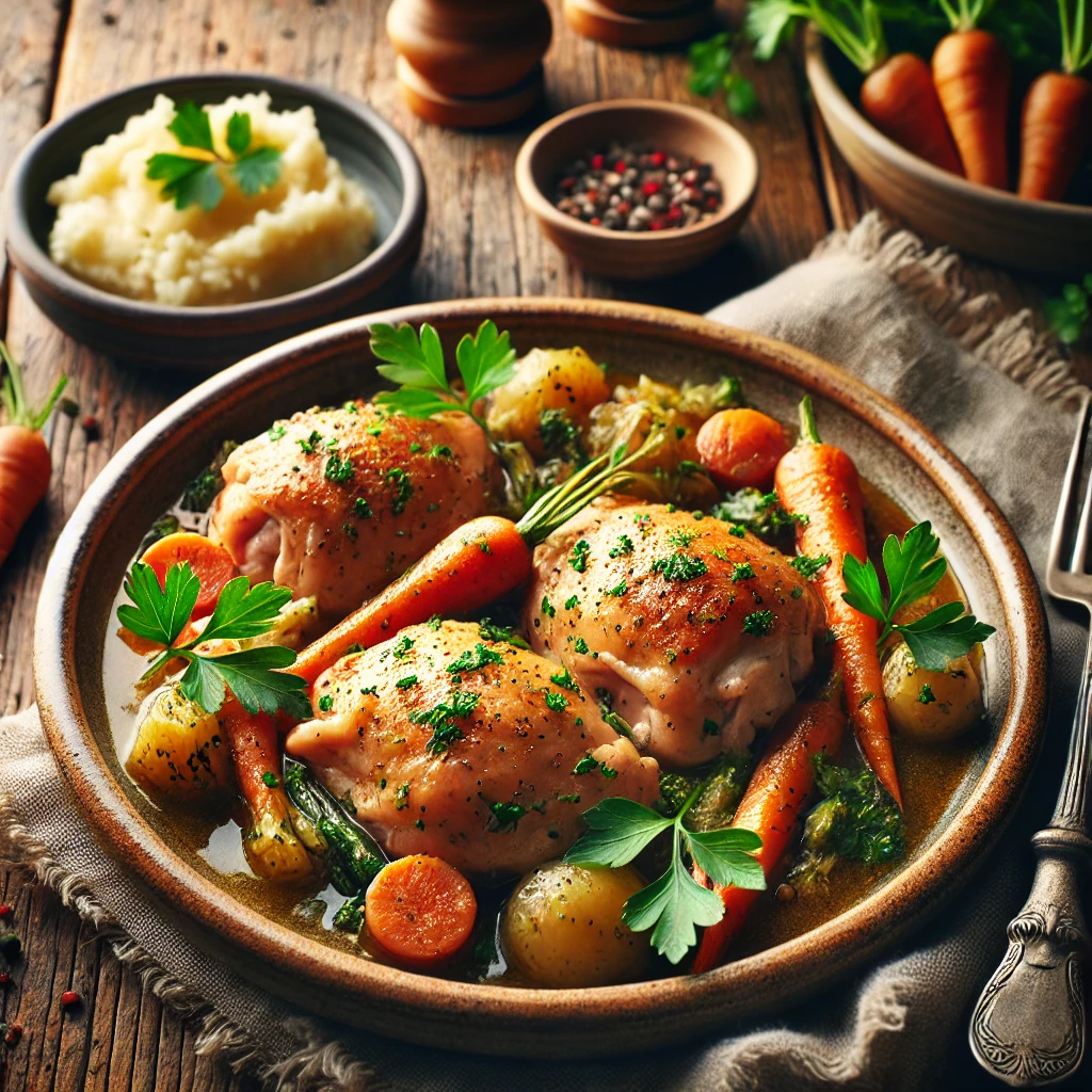 A beautifully plated dish of Simple Slow Cooker Chicken Thighs served on a rustic wooden table. The dish features tender, juicy chicken thighs slow-cooked to perfection in a light herb-infused sauce. Garnished with freshly chopped parsley and served in a rustic ceramic bowl. A side of roasted vegetables or mashed potatoes completes the meal. The warm wooden table is more visible, providing a cozy and inviting setting.