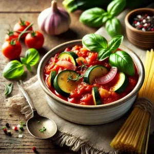 Ultra-sharp image of rich red tomato sauce simmered with zucchini slices, onions, garlic, and fresh herbs, garnished with basil leaves. Served in a small white ceramic bowl with a spoon on a rustic wooden dining table, captured in bright natural light.