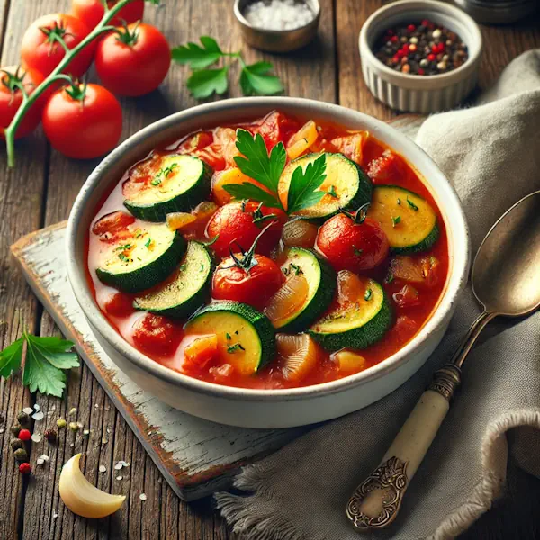 Ultra-sharp image of zucchini chunks, ripe tomatoes, onions, and herbs simmered in a rich tomato broth, garnished with parsley. Served in a white ceramic bowl on a rustic wooden dining table with spoon and linen napkin, captured in bright natural light.