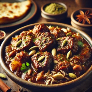 A beautifully plated dish of Lamb with Cardamom, featuring tender, slow-cooked lamb pieces infused with the rich aroma of whole and ground cardamom. The dish has a deep, golden-brown hue with hints of caramelized onions, cinnamon, and aromatic spices. Garnished with fresh coriander and slivered almonds, it is served in a rustic ceramic bowl. Accompanied by a side of fragrant basmati rice and warm naan, the bowl rests on a wooden table, with soft, warm lighting enhancing the inviting and flavorful presentation.