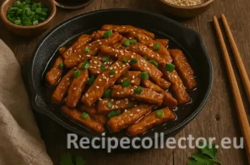 Seitan strips glazed in a rich soy-based sauce, garnished with sesame seeds and chopped green onions, served in a black skillet with chopsticks, sesame, and soy sauce on a rustic wooden table.