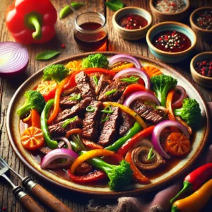 Beef and Vegetable Stir Fry served on a rustic plate, featuring tender marinated beef strips cooked with vibrant vegetables including red onion, bell peppers, and carrots. The dish is presented on a warm wooden table, accompanied by small bowls of marinade ingredients, with soft lighting highlighting its colorful and appetizing appearance.