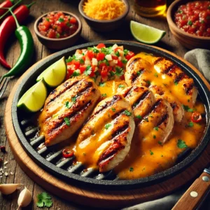 Juicy grilled fajita-style chicken breasts with golden grill marks, topped with melted cheddar cheese, served with fresh salsa and lime wedges on a rustic wooden table.