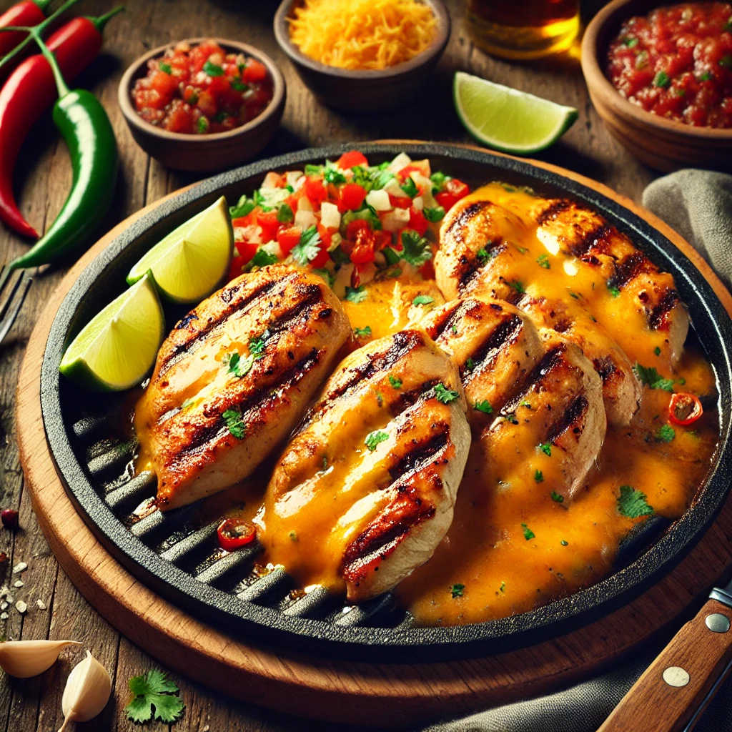 Juicy grilled fajita-style chicken breasts with golden grill marks, topped with melted cheddar cheese, served with fresh salsa and lime wedges on a rustic wooden table.