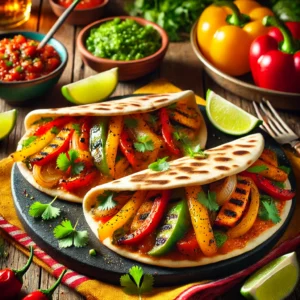 Warm pita pockets stuffed with sautéed bell peppers, onions, and vegan protein, garnished with fresh cilantro, served with lime wedges and salsa on a rustic wooden table with colorful napkins in the background.