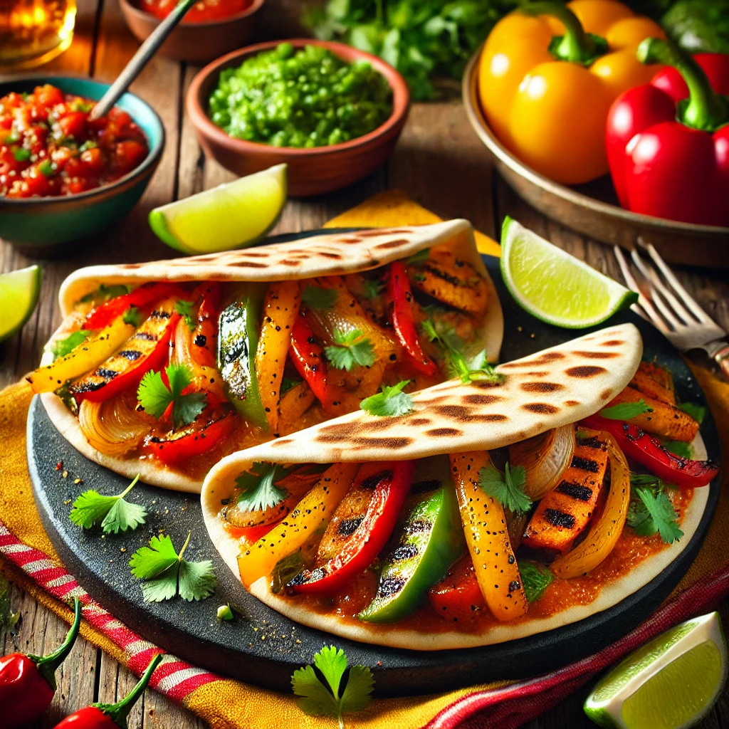 Warm pita pockets stuffed with sautéed bell peppers, onions, and vegan protein, garnished with fresh cilantro, served with lime wedges and salsa on a rustic wooden table with colorful napkins in the background.