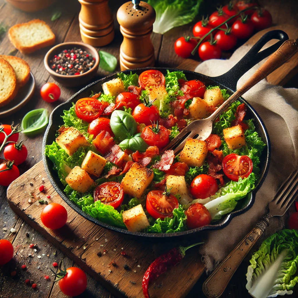 A skillet BLT panzanella with crispy toasted bread cubes, juicy cherry tomatoes, and crispy bacon, tossed with fresh romaine lettuce and a light vinaigrette on a rustic wooden table. Garnished with black pepper and fresh basil, with a serving spoon lifting a portion. A cozy napkin and wooden plate enhance the warm, inviting atmosphere.