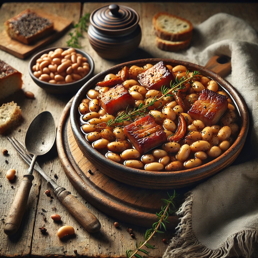 Boston Beans served in an artisan ceramic bowl, featuring tender haricot beans in a rich, sticky sauce with smoked pork belly, garnished with fresh herbs. The dish is styled on a rustic wooden table with a wooden spoon, a linen napkin, and a slice of crusty bread, illuminated by soft natural lighting for a warm and comforting presentation.