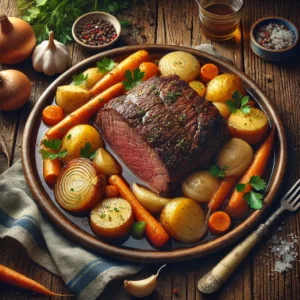 A rustic ceramic platter of beef roast sits on a wooden table. The tender, browned roast is surrounded by root vegetables, including quartered potatoes, carrots, and turnips, all cooked in a flavorful broth. Large pieces of onion are nestled among the vegetables, and the dish is garnished with fresh parsley. Beside the platter are a serving fork, a folded linen napkin, and a small bowl of gravy. Scattered around the table are fresh garlic cloves, peppercorns, and a bottle of beef bouillon. Soft natural light highlights the juicy roast and vibrant vegetables, creating a hearty and comforting presentation.