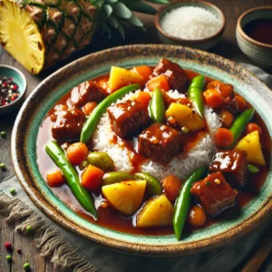A beautifully plated Sweet and Sour Beef dish, featuring tender beef cubes in a glossy, flavorful sauce with pineapple tidbits, sliced carrots, and green beans. The dish is served over a bed of steaming white rice on a rustic ceramic plate. The vibrant colors of the ingredients contrast beautifully with the rich sauce. The plate sits on a rustic wooden table, with a few fresh ingredients like a halved pineapple, soy sauce, and a small bowl of rice nearby. Soft, natural lighting enhances the warm and inviting presentation.