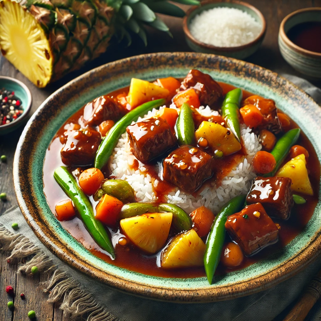A beautifully plated Sweet and Sour Beef dish, featuring tender beef cubes in a glossy, flavorful sauce with pineapple tidbits, sliced carrots, and green beans. The dish is served over a bed of steaming white rice on a rustic ceramic plate. The vibrant colors of the ingredients contrast beautifully with the rich sauce. The plate sits on a rustic wooden table, with a few fresh ingredients like a halved pineapple, soy sauce, and a small bowl of rice nearby. Soft, natural lighting enhances the warm and inviting presentation.