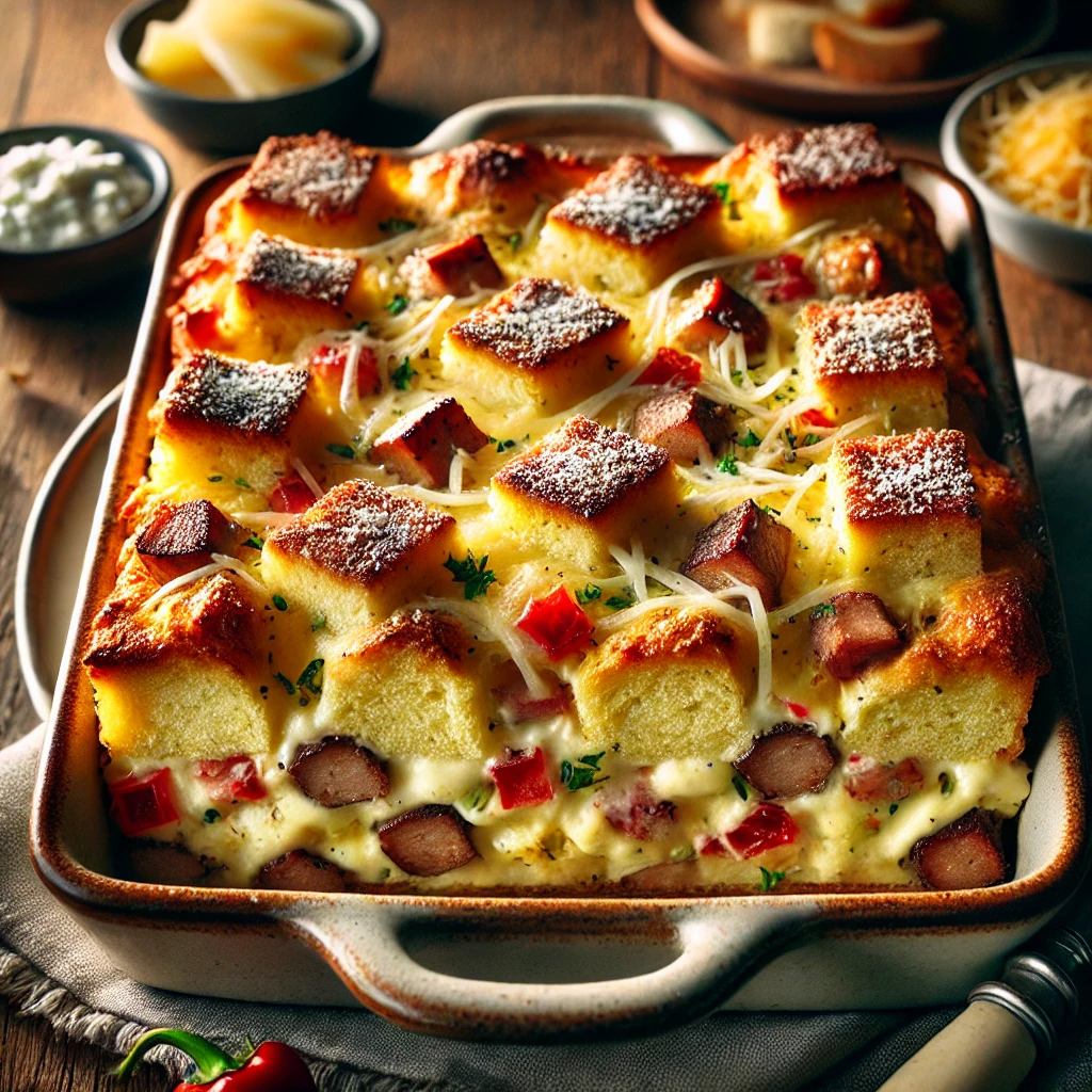 A beautifully plated Breakfast Casserole, featuring layers of golden-brown cubed bread, savory breakfast sausage, melted Swiss and Muenster cheese, and red bell peppers. The casserole is fluffy and creamy, with a slightly crispy top dusted with shredded Romano cheese. It is served in a rustic ceramic baking dish, garnished with fresh herbs. The dish is placed on a wooden table, accompanied by a side of fresh fruit and a small dish of cottage cheese. Soft, warm lighting enhances the cozy and inviting breakfast presentation.