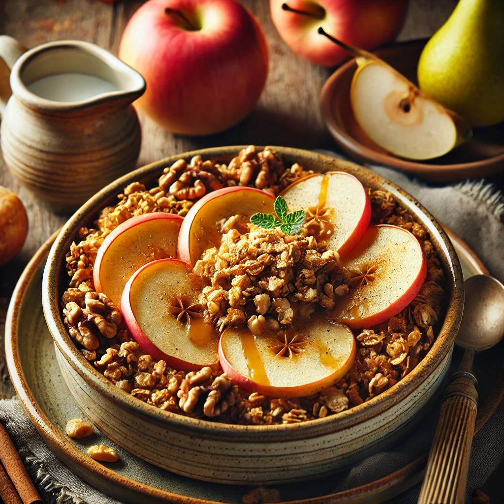 A beautifully plated Breakfast Granola Bake, featuring warm baked apples and pears topped with golden, crunchy granola and chopped walnuts. A drizzle of honey glistens over the top, with a light dusting of cinnamon adding warmth. The dish is served in a rustic ceramic bowl, accompanied by a small pitcher of heavy cream and a wooden spoon. The bowl sits on a rustic wooden table with a few fresh apple and pear slices nearby. Soft, natural lighting enhances the cozy and inviting breakfast presentation.