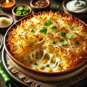 A beautifully plated Hash Brown Potato Bake, golden and crispy on top with a creamy, cheesy interior. The dish is served in a rustic ceramic baking dish, garnished with freshly chopped herbs. The bake features layers of hash brown potatoes, corn, and a rich cream cheese sauce, with a light dusting of Parmesan cheese on top. The dish is placed on a wooden table, accompanied by a side of fresh green chilies and a small dish of sour cream. Soft, warm lighting enhances the cozy and inviting breakfast presentation.