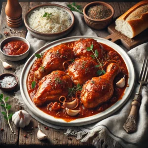 A white ceramic platter of Dan's Favorite Chicken Recipe sits on a rustic wooden table. The chicken thighs and legs are tender and smothered in a rich, glossy spaghetti sauce, garnished with dried oregano and garlic salt. Beside the platter is a small bowl of extra sauce, along with sides of cooked rice, a fresh green salad, and a loaf of crusty French bread. Scattered around the table are oregano sprigs, garlic cloves, and a folded linen napkin. Soft natural light highlights the glossy sauce and tender texture of the chicken, creating a comforting and appetizing presentation.