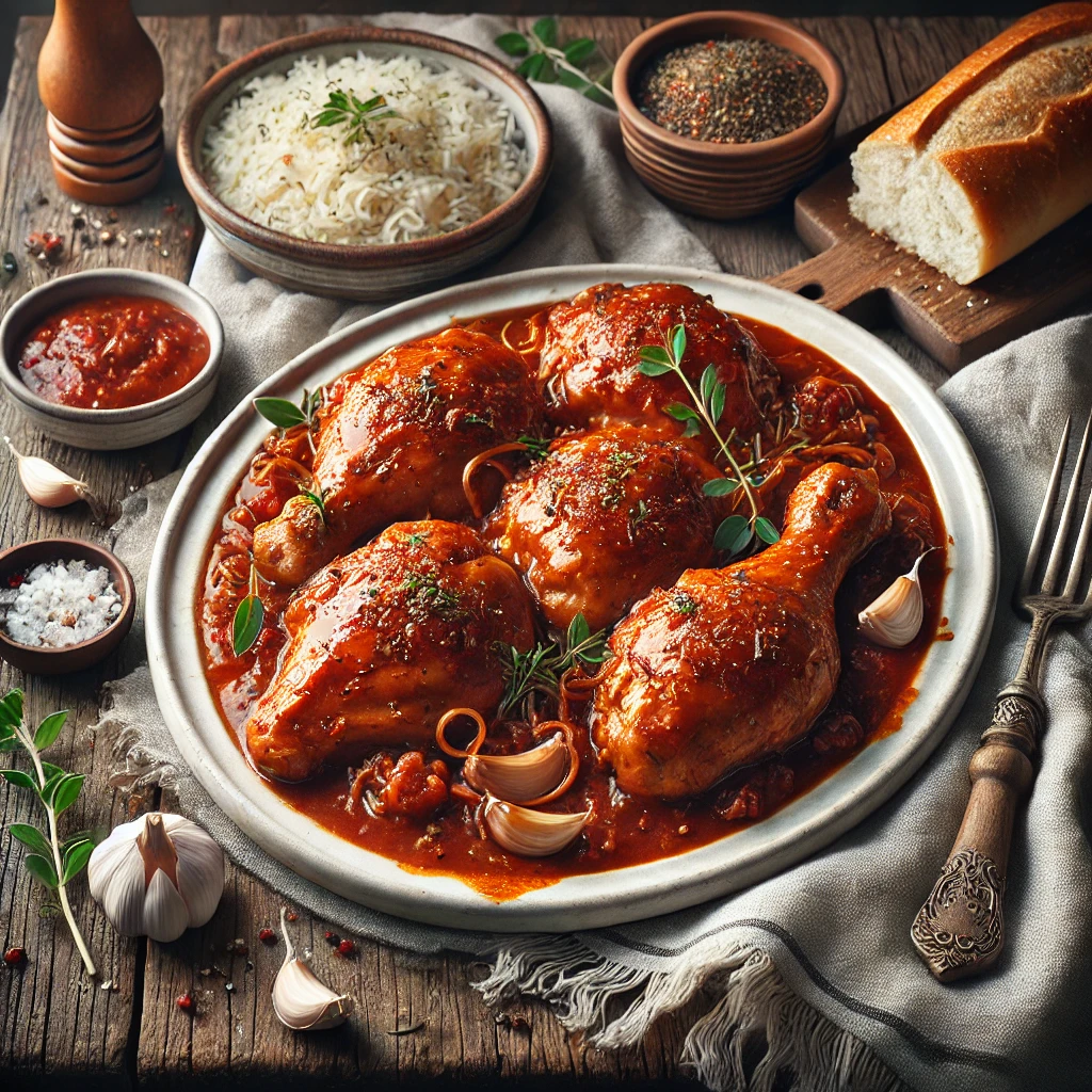 A white ceramic platter of Dan's Favorite Chicken Recipe sits on a rustic wooden table. The chicken thighs and legs are tender and smothered in a rich, glossy spaghetti sauce, garnished with dried oregano and garlic salt. Beside the platter is a small bowl of extra sauce, along with sides of cooked rice, a fresh green salad, and a loaf of crusty French bread. Scattered around the table are oregano sprigs, garlic cloves, and a folded linen napkin. Soft natural light highlights the glossy sauce and tender texture of the chicken, creating a comforting and appetizing presentation.
