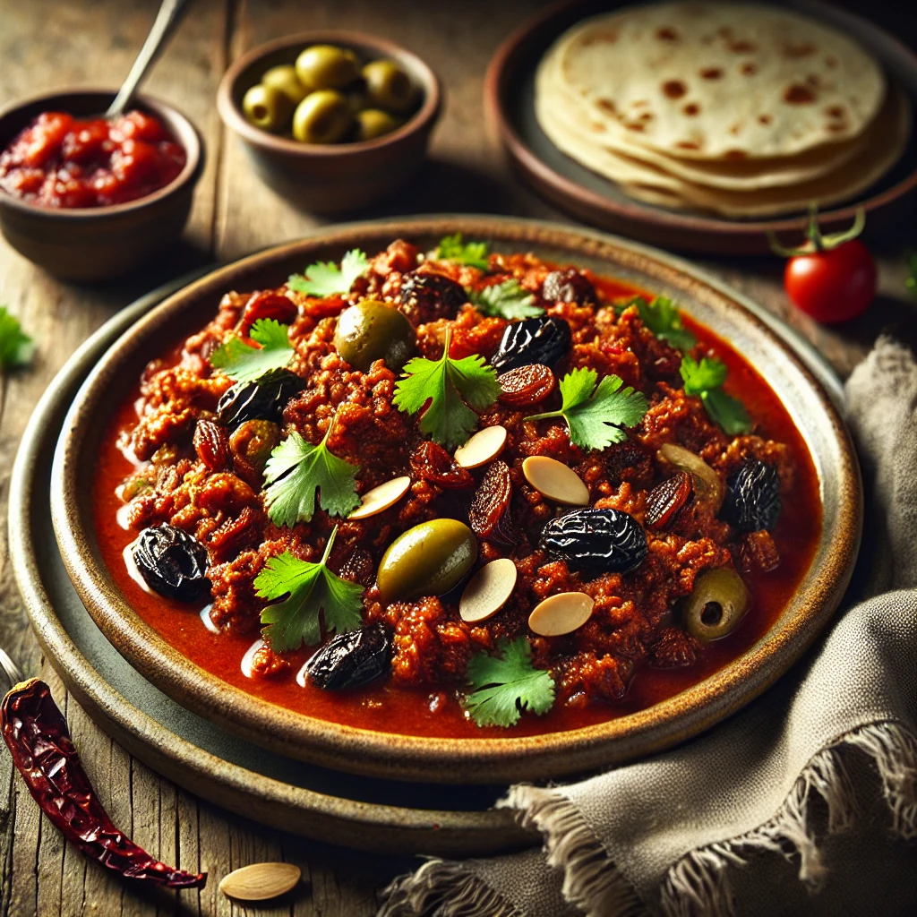 A beautifully plated Picadillo dish, featuring spicy ground beef cooked with raisins, green olives, slivered almonds, and a rich tomato-based sauce. The dish is served in a rustic ceramic bowl, garnished with fresh cilantro. A side of warm tortillas and a small dish of salsa accompany the plate on a rustic wooden table. Soft, warm lighting highlights the deep, savory colors and textures of the dish, creating a comforting and inviting presentation.