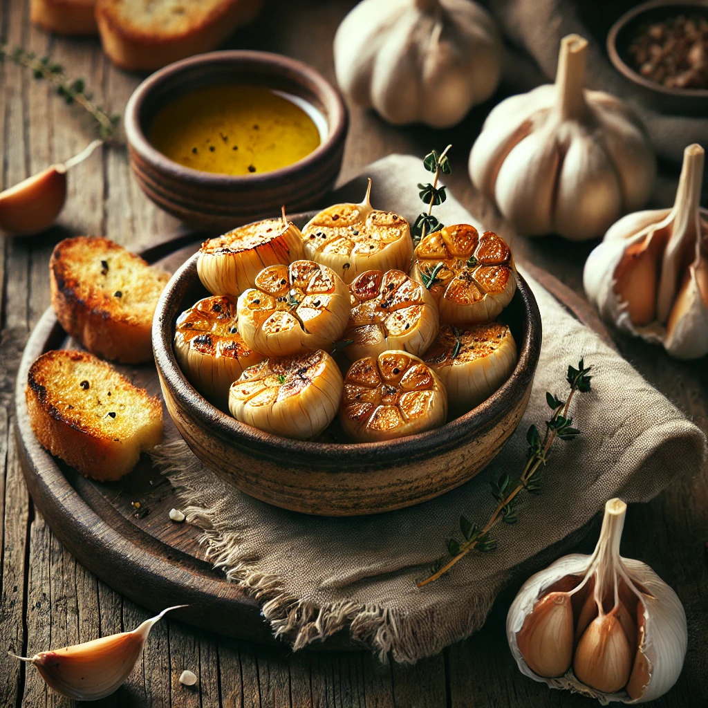 Roasted Garlic served in a rustic artisan bowl, golden brown and caramelized with a creamy texture. The bowl is surrounded by slices of toasted bread, a small dish of olive oil, and sprigs of fresh thyme. Whole garlic bulbs and a linen napkin are styled nearby, illuminated by soft natural lighting for a warm and inviting presentation.