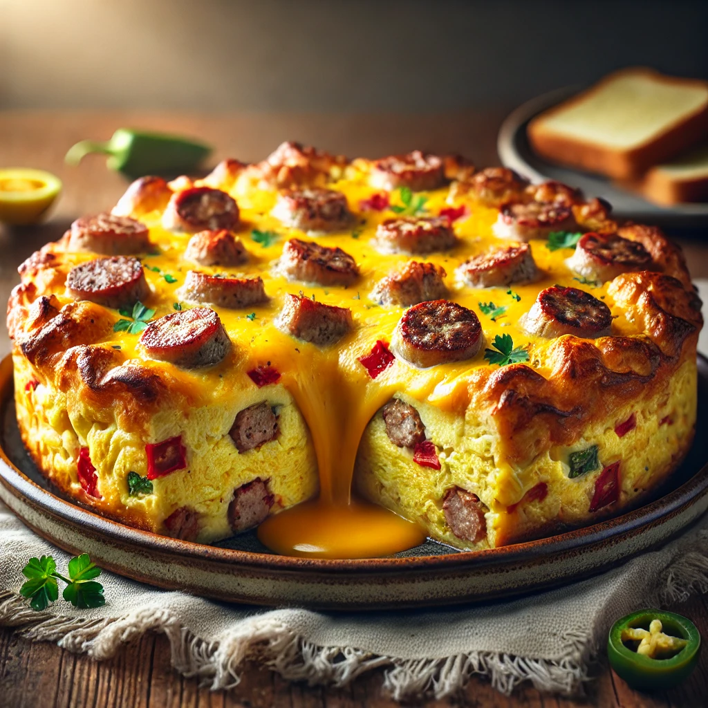 A beautifully plated Sausage Breakfast Casserole, golden and fluffy with layers of eggs, breakfast sausage, melted cheddar cheese, and chopped red bell pepper. The top is slightly crispy, with melted cheese bubbling over the edges. The casserole is garnished with fresh herbs and a few slices of jalapeño for a touch of spice. It is served on a rustic ceramic plate, placed on a wooden table with a side of toast and fresh fruit. Soft, warm lighting enhances the cozy and inviting presentation.