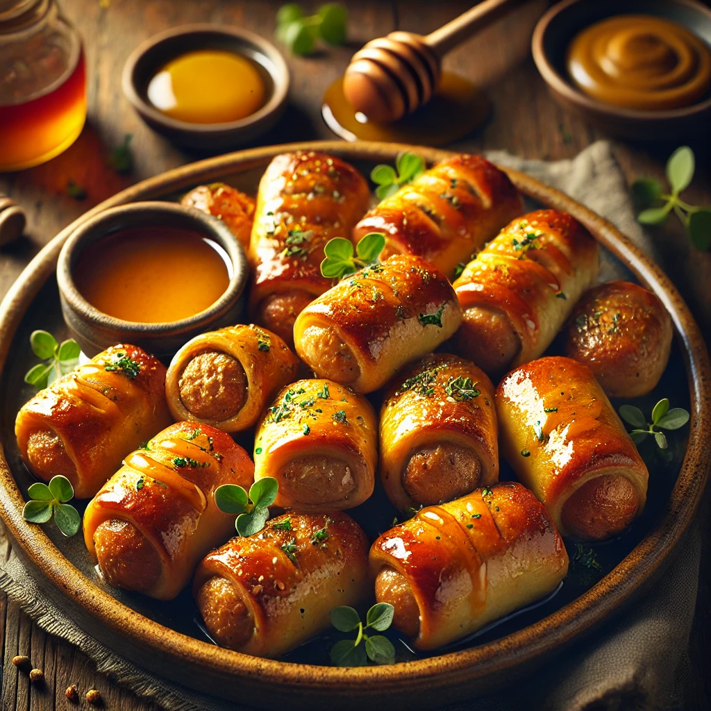 A beautifully plated dish of homemade Sausage Rolls, golden brown and slightly glazed with honey and chicken broth. The sausage rolls are arranged on a rustic ceramic plate, garnished with fresh herbs. A small dish of honey and a side of mustard sit nearby for dipping. The plate is placed on a wooden table, with soft, warm lighting highlighting the rich, savory textures and inviting presentation.